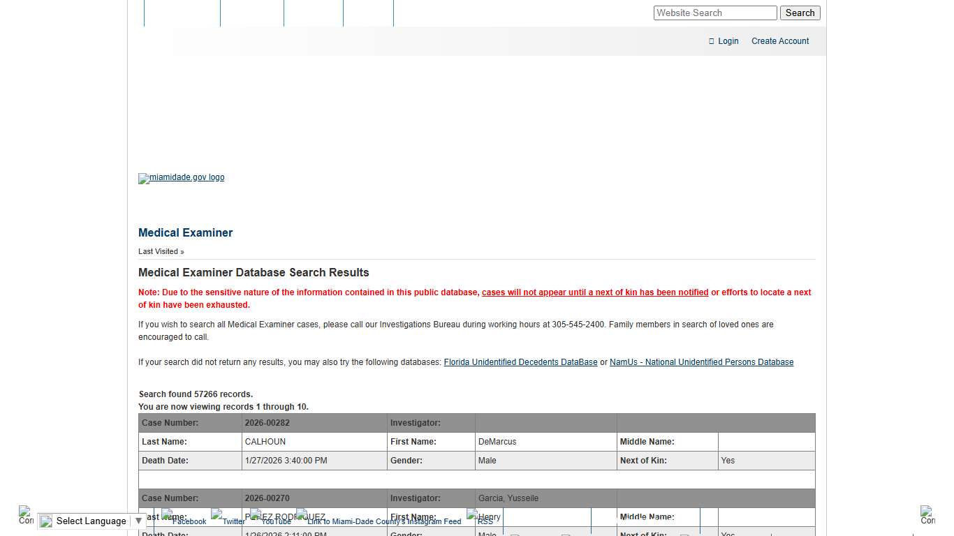 Miami-Dade County - Medical Examiner - Medical Examiner Database Search Results